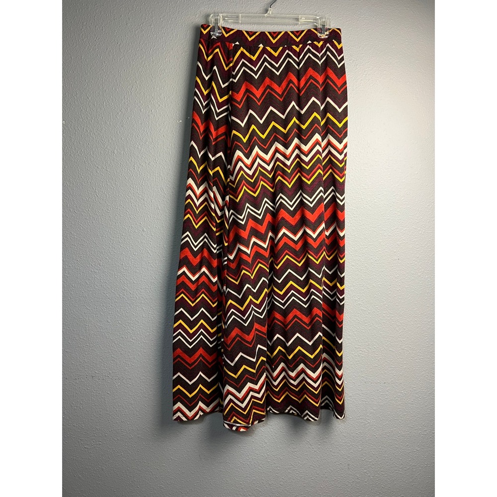 Cato Womens Med Chevron Zigzag Maxi Skirt Burgundy Orange Yellow Retro Festival